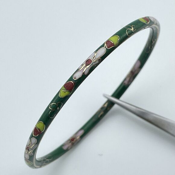 Vintage Green Cloisonne Enamel Bangle Bracelet With Pink Floral 7.5 in Floral - Picture 5 of 8